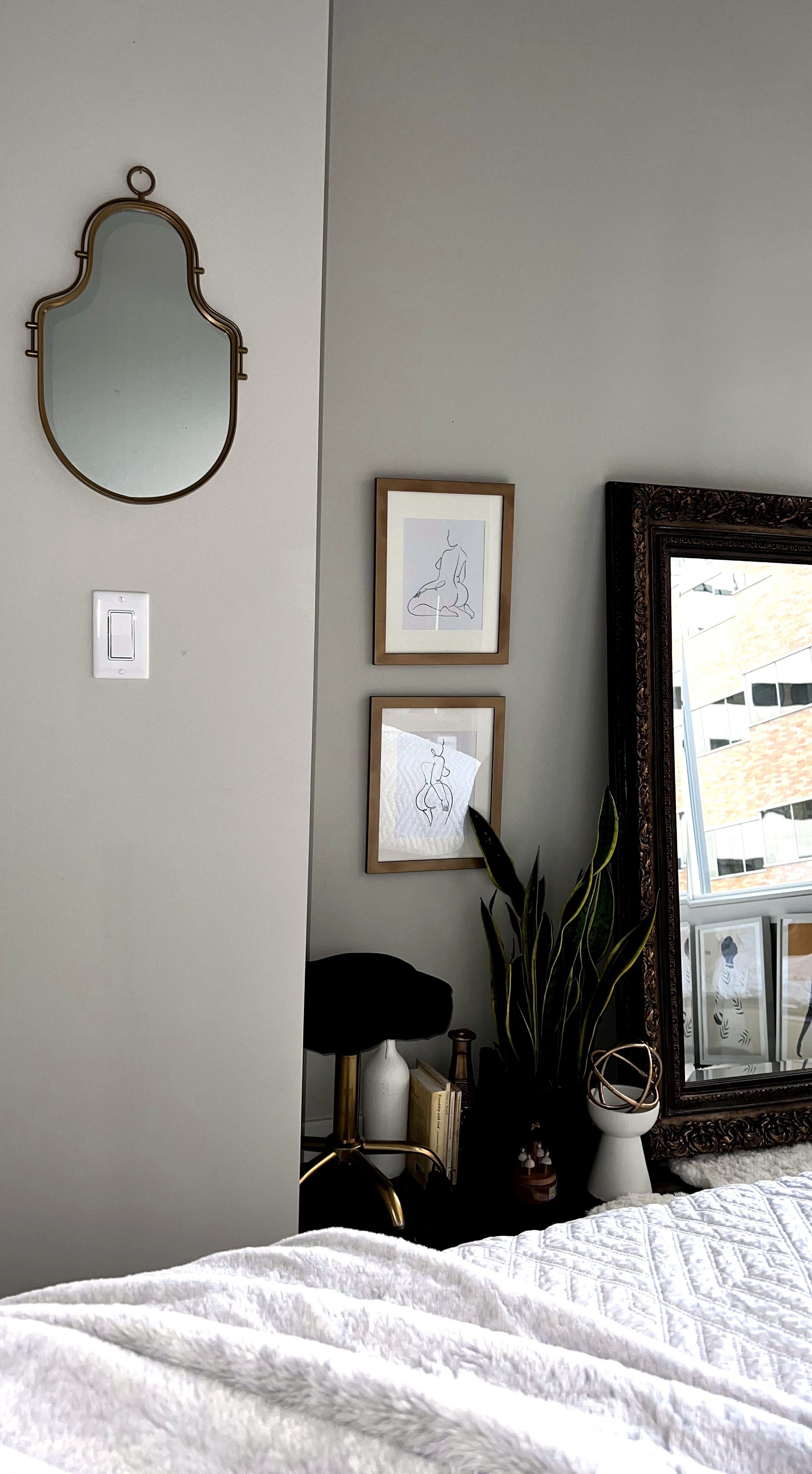 Hallway corner with a small brass mirror, framed line-art prints, and a snake plant