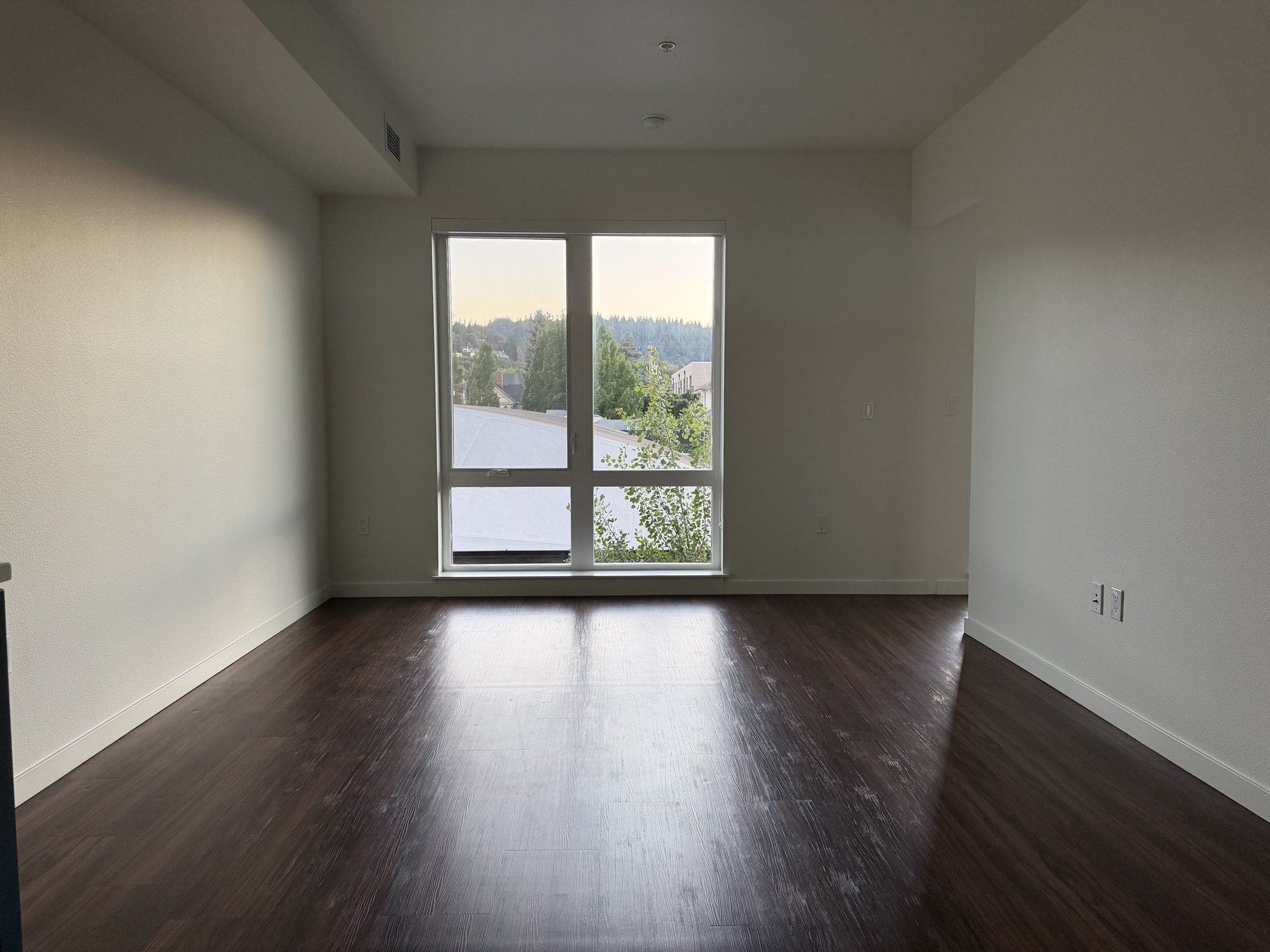Empty living room before styling, showing the same window and view
